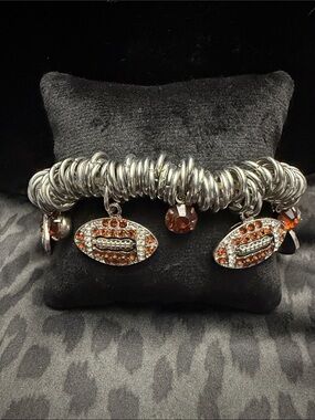 Silver-Tone Football Charm Bracelet with Orange Crystal Accents